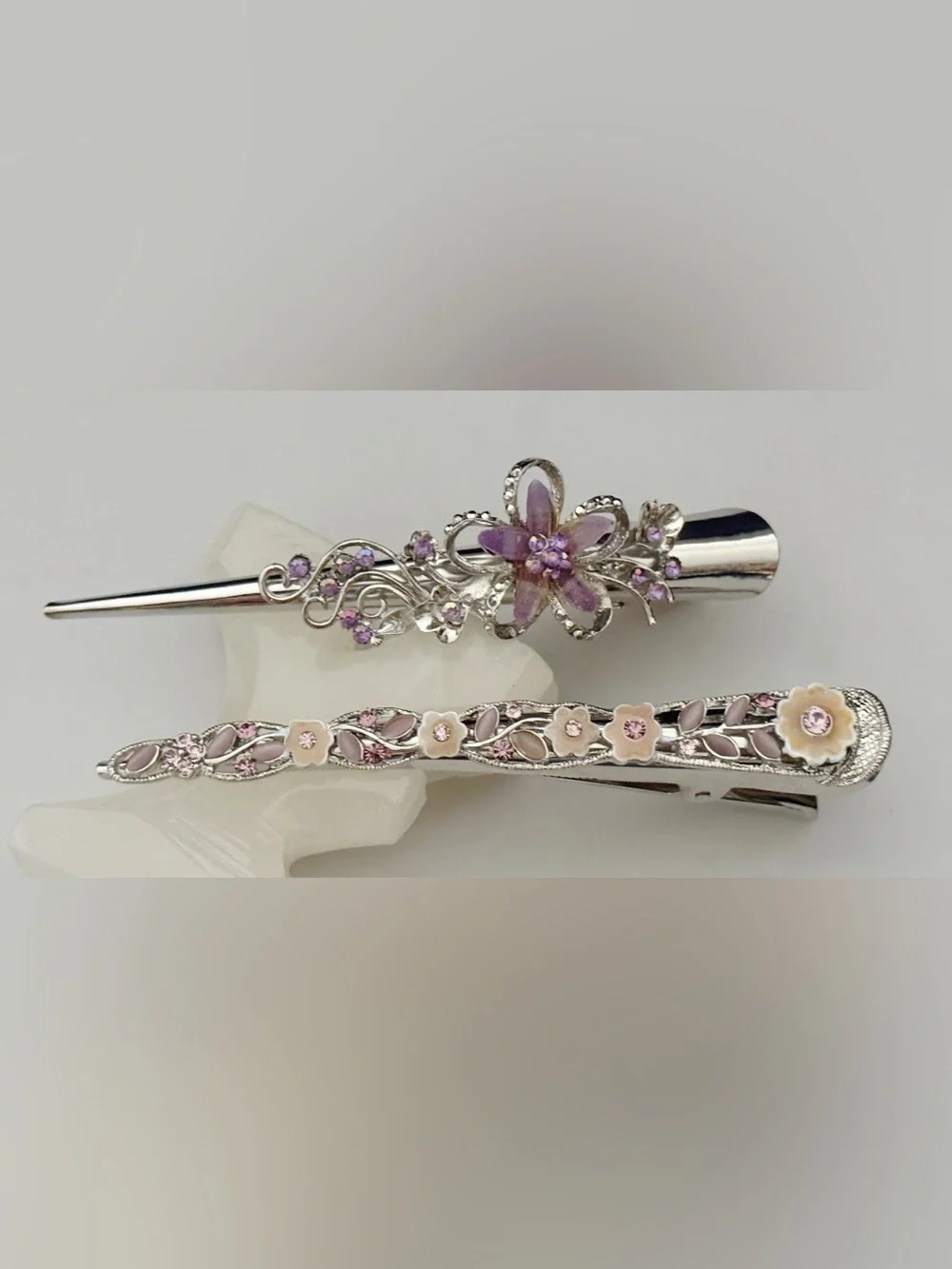2 Silver-Tone Floral Hair Clamps with Lavender Crystals - Women Accessories